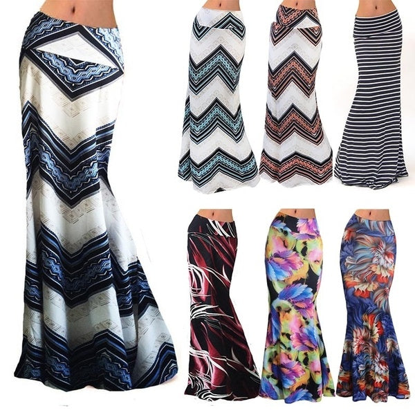 Women Casual Wrap Elastic High Waist Floral Maxi Skirt Summer Beach Party Bodycon Long Skirts