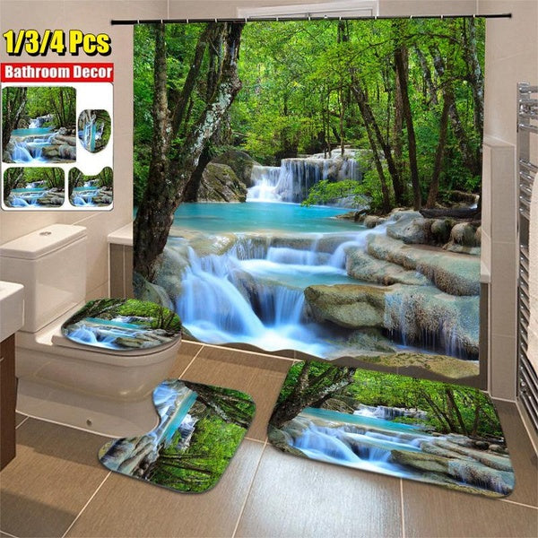 Bathroom Decoration Waterfall Scenery Bathroom Shower Curtain Toilet Seat Cushion Non-slip Carpet Set Waterproof Shower Curtain with 12 Hooks 4-3-1PC