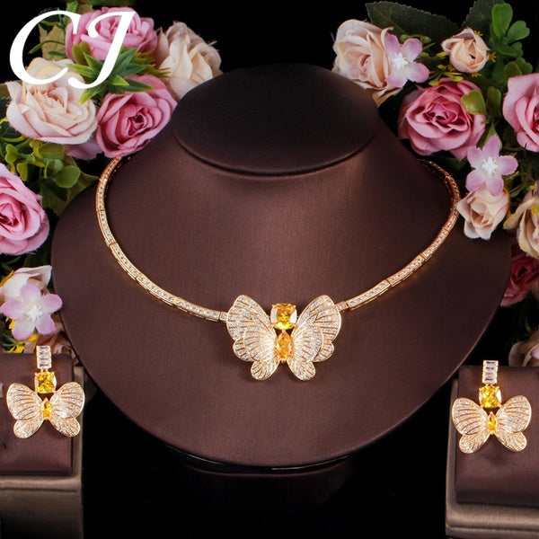 CANDICE Statement Citrine Butterfly Design Pendant Earrings Choker Necklace Micro CZ Temperament Luxury Jewelry Set Dress Accessories Matron Inn