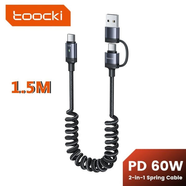 Toocki USB-C to USB-C- USB-A Data Cable 2-in-1 1.5M Spring Stretch Cable PD60W Fast Charging Cable For Mobile Phones - Laptops - Tablets