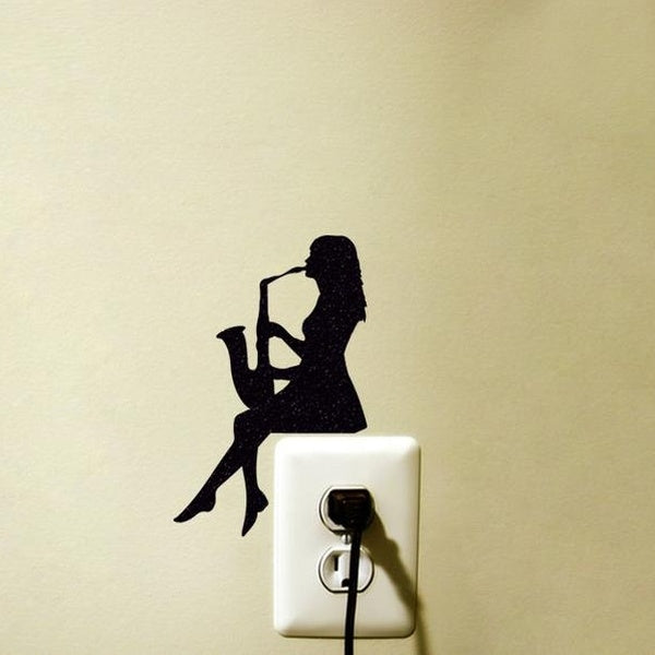 Girl Playing Sax Vinyl Sticker - Light Switch Fabric Decal - Saxophone Wall Sticker - Jazz Wall Art - Instrument Decor Musique Decal