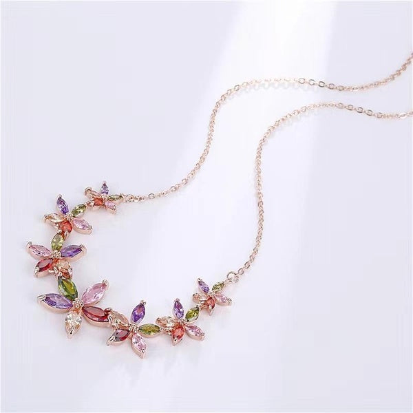 INS Rainbow Cubic Zirconia CZ Zircon Flower Necklace for Women, Fashion Colorful Rhinestone Choker Necklace Gift Women Ladies Jewelry