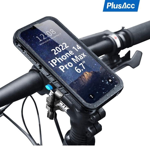 PlusAcc Metal Bike Phone Mount for iPhone 16 15 14 13 12 11 Pro Max Plus SE3 SE2 7 8 X XS XR XSM Motorcycle Handlebars Holder with Waterproof Case
