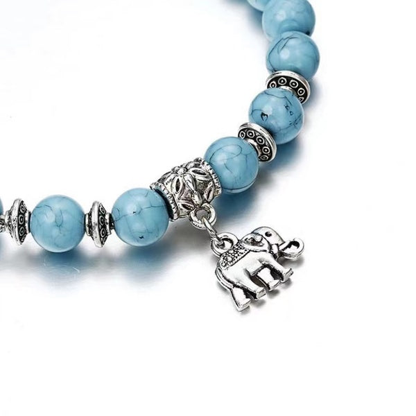 Nouvelle Mode Élastique Bleu Pierre Perles Bracelet Antique Argent Éléphant Charme Bracelet pour les Femmes