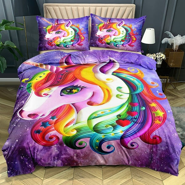 Colorful Starry Sky Unicorn Bedding Set 3D Unicorn Bedding Set Duvet Cover & Pillowcases colorful unicorn Bedding Set Twin Unicorn Bedding Set Queen