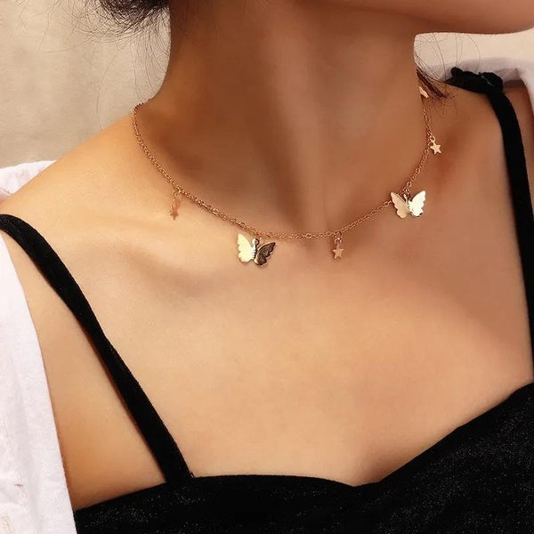 Dainty Butterfly Pendant Choker Necklace, Delicate Butterfly Star Pendant Chain Choker Necklace Jewelry for Women Girls (Gold-Silver)