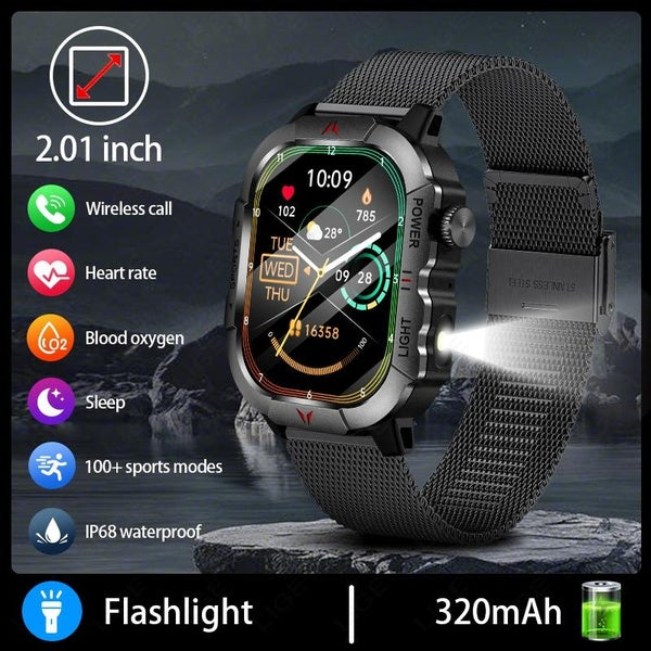 2024 LIGE Outdoor Sport Flashlight Smart Watch 2.01-inch HD Touch Screen IP68 Waterproof Multifunction Smartwatch with Heart & Health Monitoring
