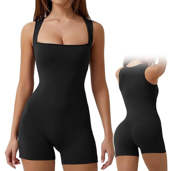 Women's Fashion Strappy Square Neck Tank Top Tummy Control Bodycon Stretch Shorts Jumpsuit Rompers Bodysuit Workout One Piece Jumpsuit