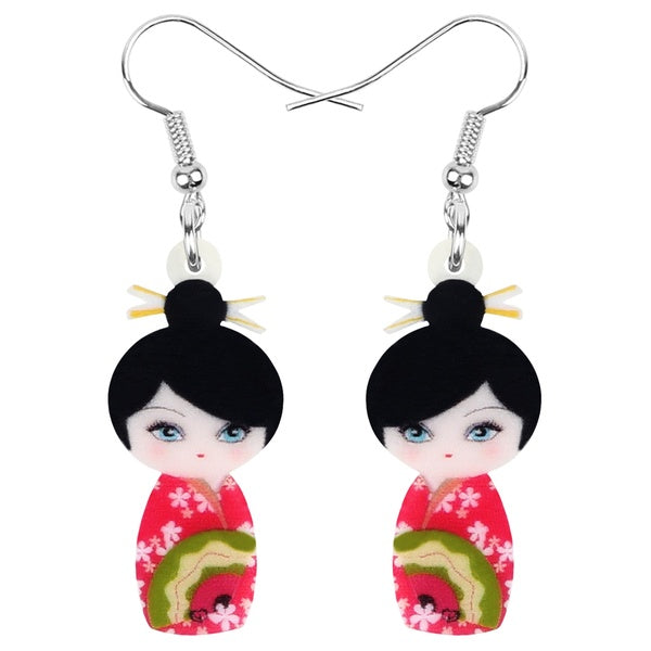Acrylic Cute Japanese Kimono Girl Doll Earrings Drop Dangle Novelty Unique Jewelry For Women Girls Teen Kids Charms Gift Accessories
