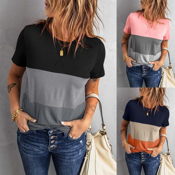 Fashion Clothes Women's Casual Short Sleeve Tee Shirts Ladies O-neck Blouses Color Blocking Pullover Tops