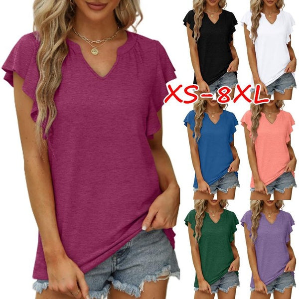 Plus Size XS-8XL Women Summer Casual V-neck Short-Sleeve Tops Solid Color Blouses Ruffle Sleeve Loose T-Shirt Ladies Fashion Pleated Tunic Tops