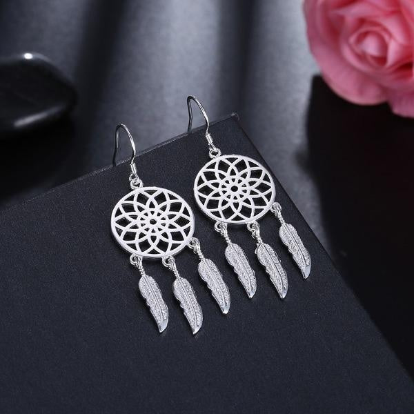 925 Sterling Silver Fine Cute Dream Catcher Feathers Earrings for Woman Fashion Wedding Party Accessories Jewelry Matron Inn