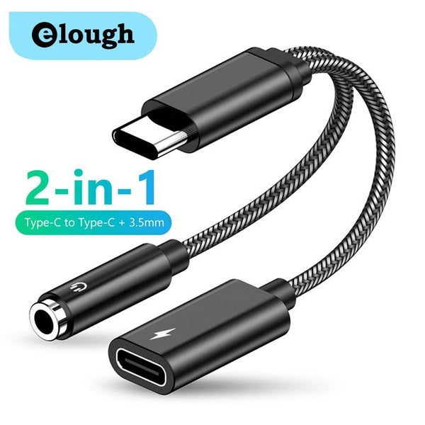 Elough AUX 2-en-1 Type-C à 3,5 mm Câble de conversion audio PD Charge rapide pour casque 3,5 mm Carte son en direct Microphone de haut-parleur de voi
