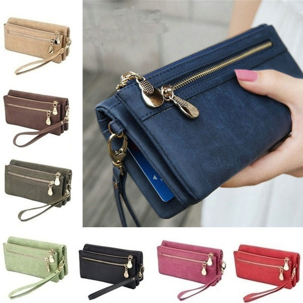 Women Double Zippers Wallets Soft Leather Wallet Day Clutch Purse Wristlet Handbags(8 Colors)