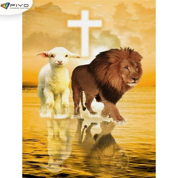 FIYO Lion and Sheep DIY 5D Diamond Painting Full Drill with Number Kits Home and Kitchen Fashion Mosaic Diamond Painting Canvas Wall Decoration Gift