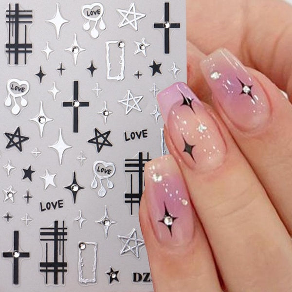 Y2K Star Nails Stickers Metal Silver Irregular Star Manicure Slider 3D Black Stripe Rhinestones Adhesive Decals Nail Decoration