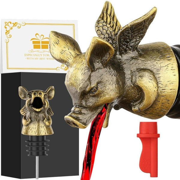 Antique Flying Pig 2-In-1 Wine Bottle Pourer Stopper Bar Accessory Club Stoppers