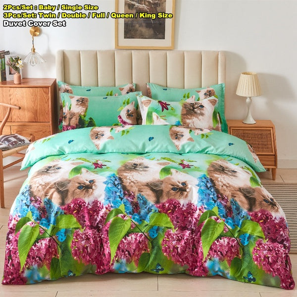 3D Cat Printed Bedding Green Duvet Covers Sets Comforter Cover Pillowcase Bedding Set Baby-Single-Twin-Double-Full-Queen-EU US King Size(Quantity:2-3