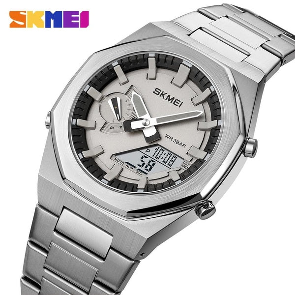 SKMEI acier inoxydable montres à Quartz pour hommes de luxe mode double affichage montre-bracelet mâle multifonctionnel horloge lumineuse