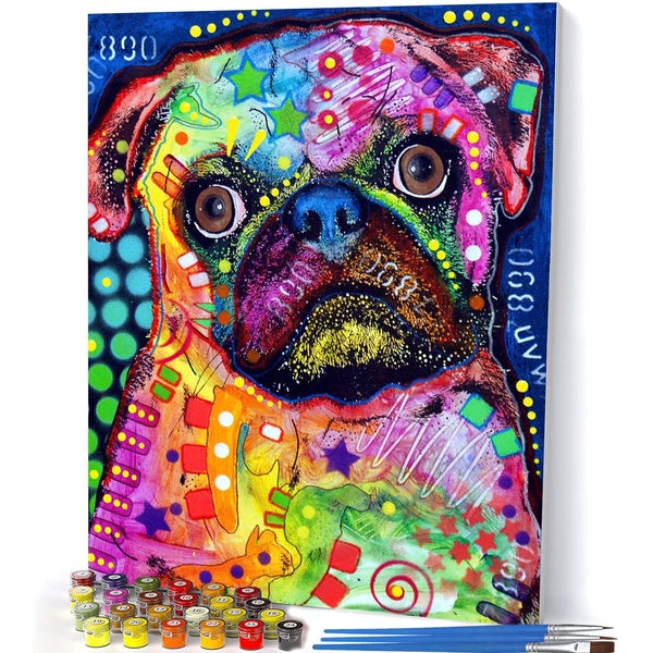 （Pug 92309）FIYO Diy Oil Paint by Numbers Kits for Adults and Kids Beginner on Canvas Fashion Oil Painting Wall Art for Gift( No Frame )