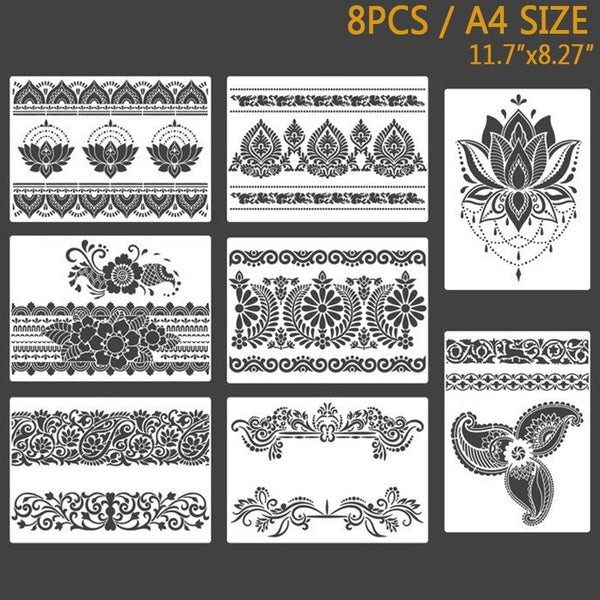 8PCS A4 SIZE Stencils Reusable Wall Template Stencil for Painting on Wall-Floors-DIY Home Decor-Drawing Art