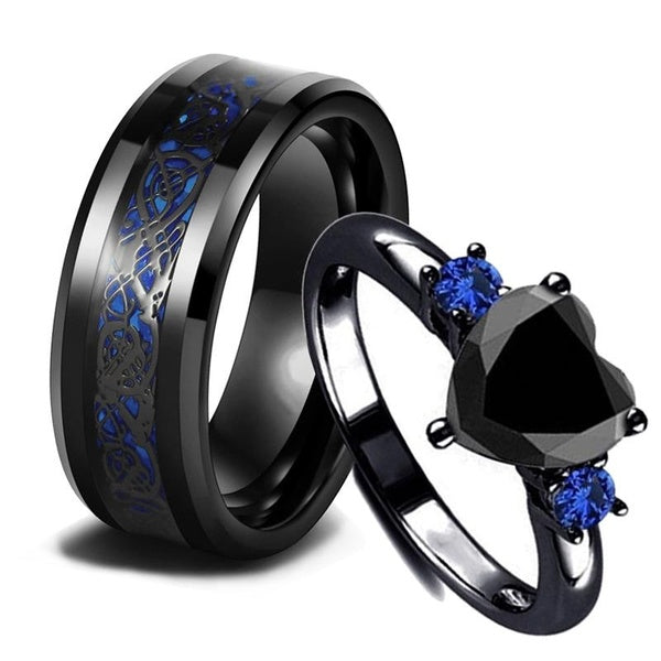Charme Couple Anneaux Pour Hommes En Acier Inoxydable Celtique Dragon Anneau Coeur Noir Zircon Femmes Anneaux De Mariage Ensemble Saint Valentin Bijo