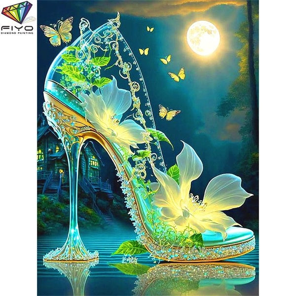 FIYO Crystal Shoes DIY 5D Diamond Painting Full Drill with Number Kits Home and Kitchen Fashion Mosaic Diamond Painting Canvas Wall Decoration Gift C