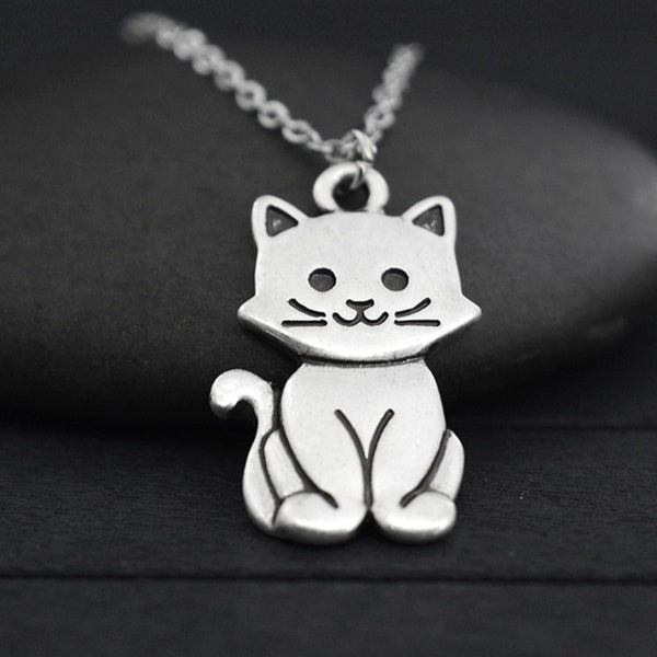New Fashion Vintage Silver Stainless Steel Chain Cute Cat Pendant & Necklaces Colar Boho Animal Charms Pendants Necklace For Women Men Cat Lover Jewe