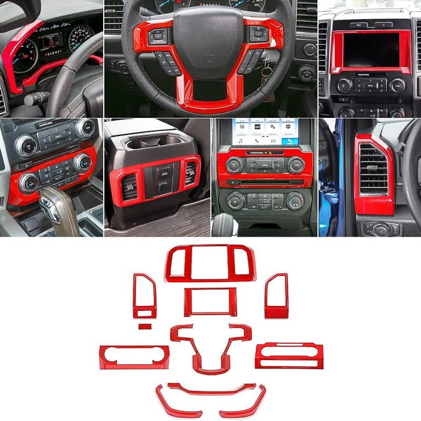 11PCS Full Set Interior Center Console Dashboard Navigation Steering Wheel Cover Trim Decor for 2015-2020 Ford F150 Red