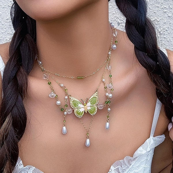Mix imitation pearl choker necklace butterfly animal chain for women