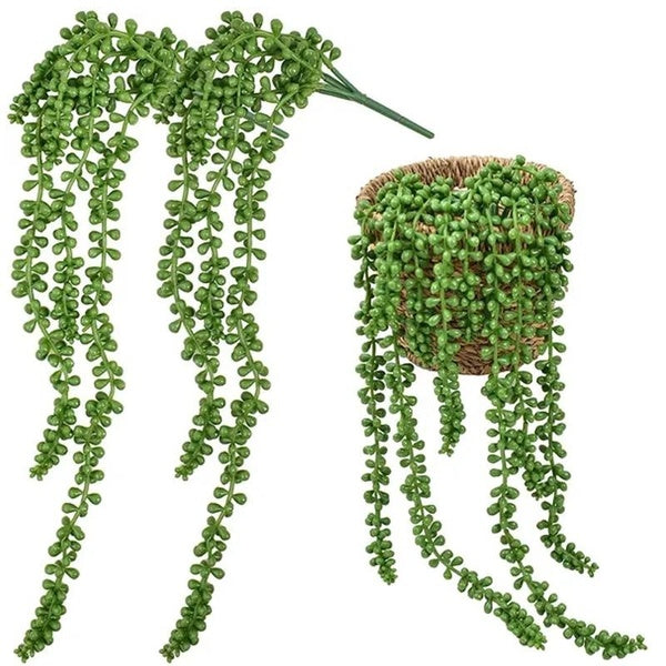 Artificial Hanging Succulents Plants String of Pearls Hanging Basketplant Fake Lover's Tears Succulent for Home Garden Wall Decoration(Basket Not Inc