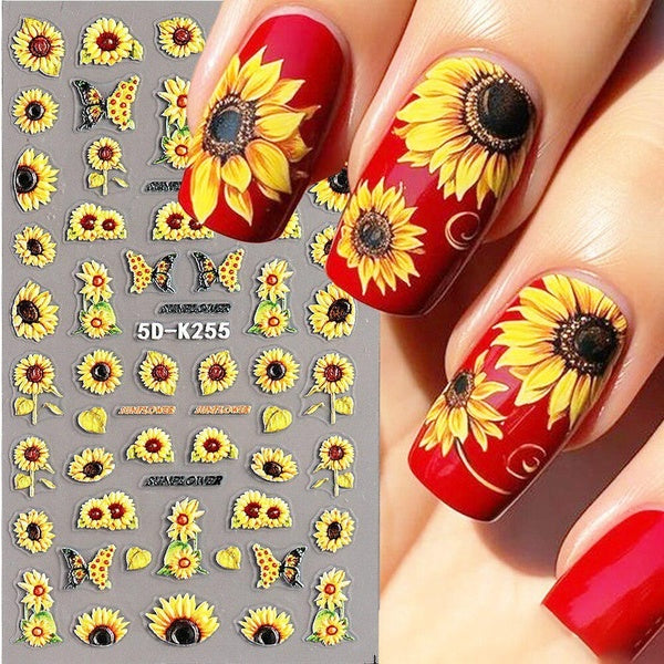 5D Sunflower Nail Art Stickers Yellow Flower Bee Butterfly Summer Design Nail Decals Korean Kawaii Manicure Decoration NT5D-K255