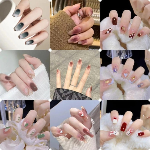 24pcs-Set French Fake Nails Short Art Nail Tips Press Stick on False with Designs Full Cover Artificial Pink Wearable Clear Tips