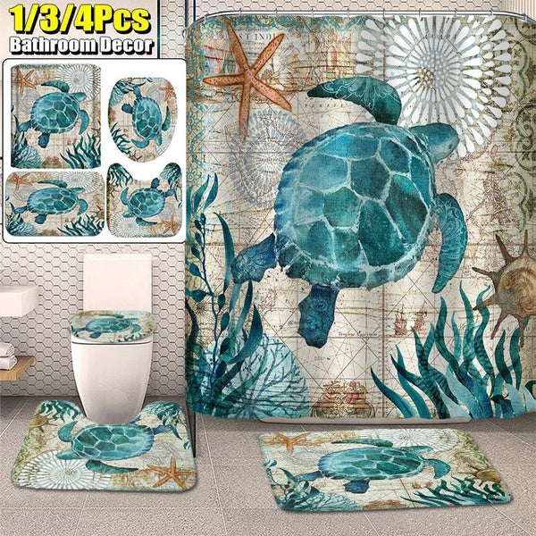 1-3-4 Pcs Home Bathroom Decor Set Sea Turtles Pattern Toilet Seat Cover Bath Mat Set Waterproof Shower Curtain