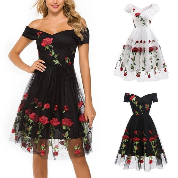 Women Fashion Elegant Embroidered Rose Flower Lace Dress Ladies Off Shoulder Floral Double Layer Mesh Swing Skirt Bridesmaid Dress
