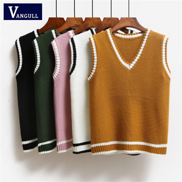 VANGULL Brand V-Neck Spliced Knitted Vest Women Casual Loose Pullover Sweater Spring Autumn Solid Basic Sleeveless Tank Tops