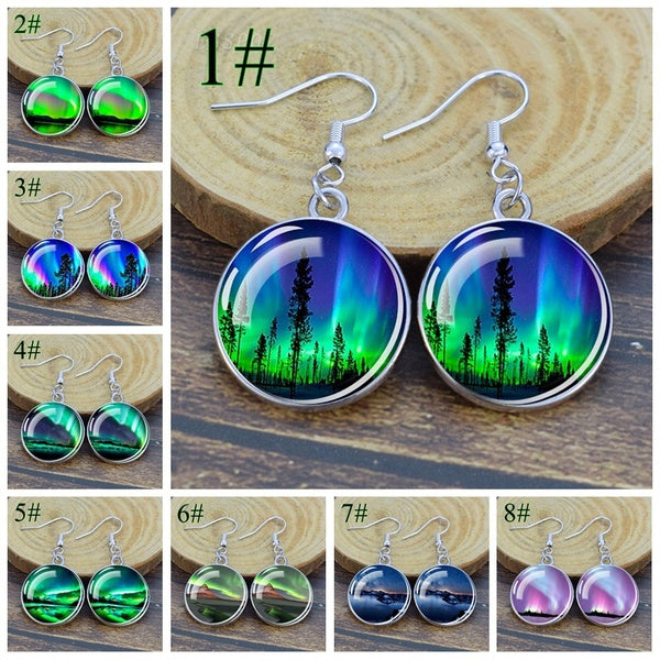 Northern Lights Art Photo Verre Cabochon Dangle Boucles d'oreilles Argent Boucles d'oreilles Sky Light Bijoux
