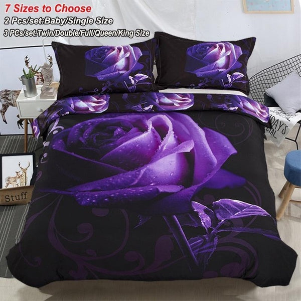 2-3PCS Bedding Set 3D Reversible Purple Rose Pattern Printed Duvet Cover Set Bedding Set Bedclothes Quilt Cover Set with Zipper Closure Pillowcase (B