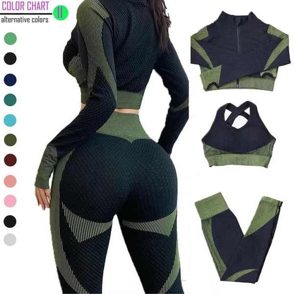 Costume de Yoga sans couture 3 pièces ensemble femmes sport Fitness porter Gym sport costume Yoga porter entraînement course porter Leggings costume
