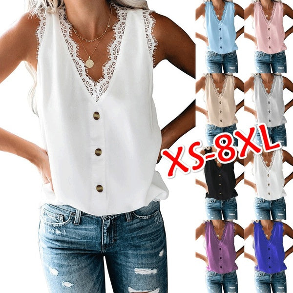 XS-8XL Women Summer Sleeveless Shirts Casual Pure Color V-Neck Tank Tops Ladies Pullovers Loose T-shirts Plus Size Lace Blouses