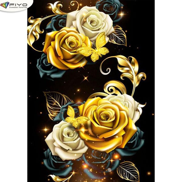 FIYO Gold Flowers DIY 5D Diamond Painting Full Drill with Number Kits Home and Kitchen Fashion Mosaic Diamond Painting Canvas Wall Decoration Gift Cr