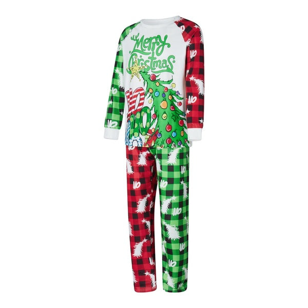 (Mother)Christmas Family Pajamas Matching Set, Long Sleeve Tree Letters Print T-shirt with Plaid Pants Sleepwear Loungewear