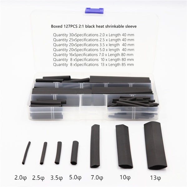 Boxed 127PCS black environmentally friendly flame retardant heat shrinkable tube set 2:1 bag heat shrinkable tube combination