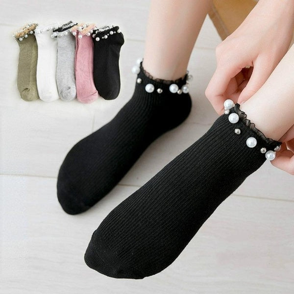 3 Pairs New Arrival Pearl Women's Socks Cotton Breathable Sweet Beads Boat Socks Japanese and Korean Cute Women Socks