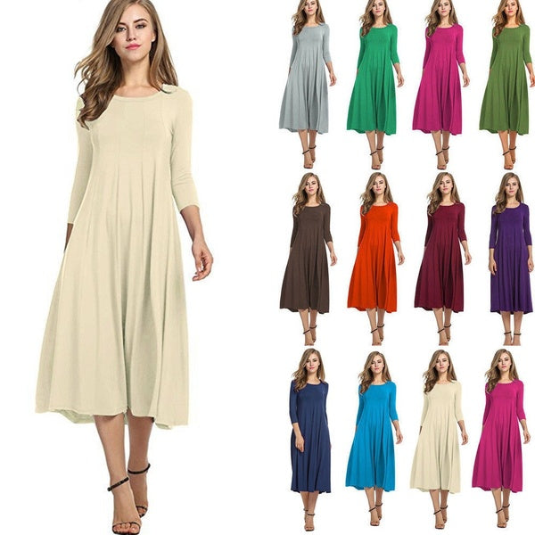 Women Long Sleeve Shirt Long Maxi Dress Casual Flared Swing Skater Midi Dress