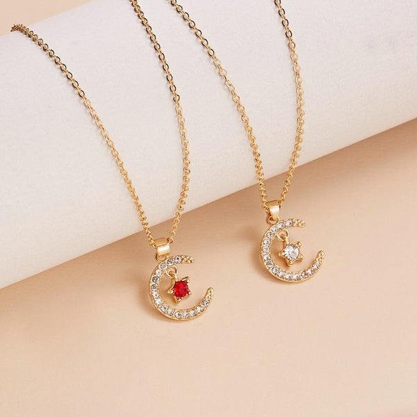 Moon Shaped Star Birthstone Birthday Necklace Jewelry Women Pendant Choker Colorful Crystal Neck Chain Gifts New Hot