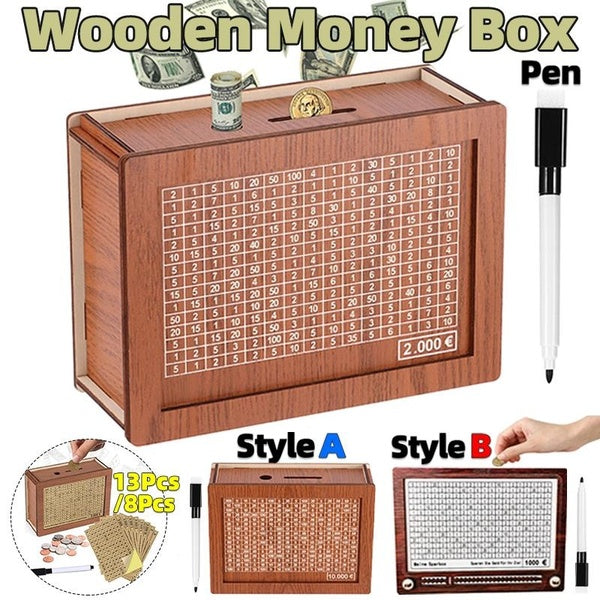Tirelire en bois faite à la main pour pièces de monnaie, compteur d'objectifs d'économie d'argent, réutilisable, rétro, personnalisé, boîte de rangem