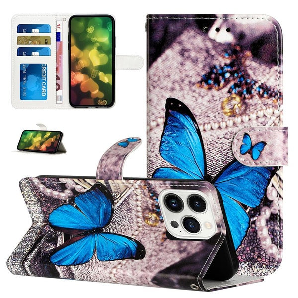 Étui en cuir peint en 3D à la mode, imprimé papillon bleu, housse à rabat avec fermeture magnétique, housse de protection à clapet, support de carte,