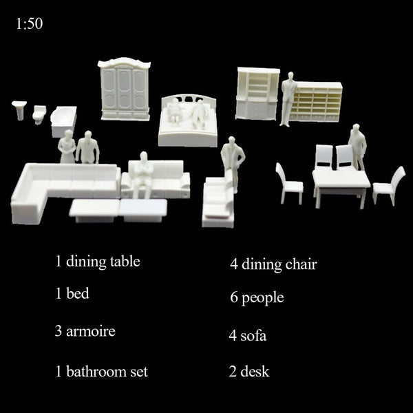 1:50 22pcs Model Furniture Set Plastic DIY Apartment Furniture Model Table Chair Set Dollhouse Accessories Layout