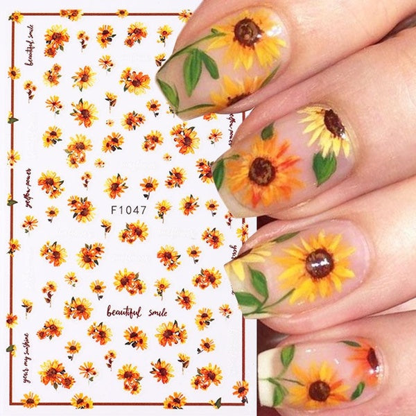 3D Summer Sunflowers Sticker for Nail Spring Sakura Rose Leaves Nail Charms Foils Color Art Letters Adhesive Manicure Decoration